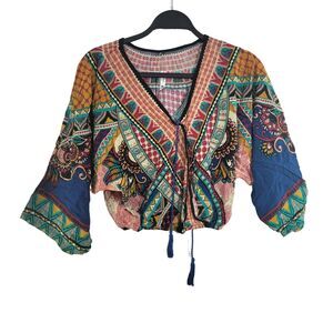 IAM Woman Multicolor Patterned Blouse Bell Sleeves V-Neck Braided Rope Top M